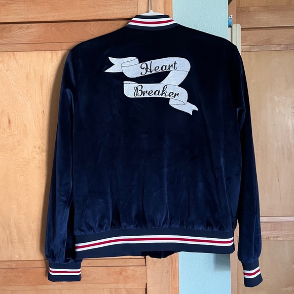 Forever 21 Navy Blue Embellished Velvet Bomber Jacket Size L NWOT - Picture 3 of 10